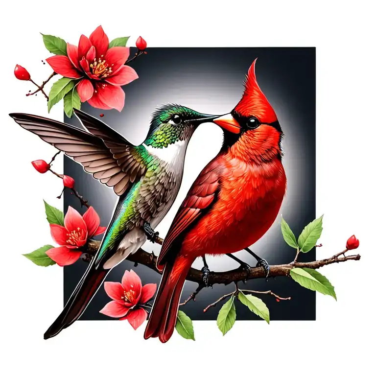 hummingbird and cardinal perched tattoo design idea