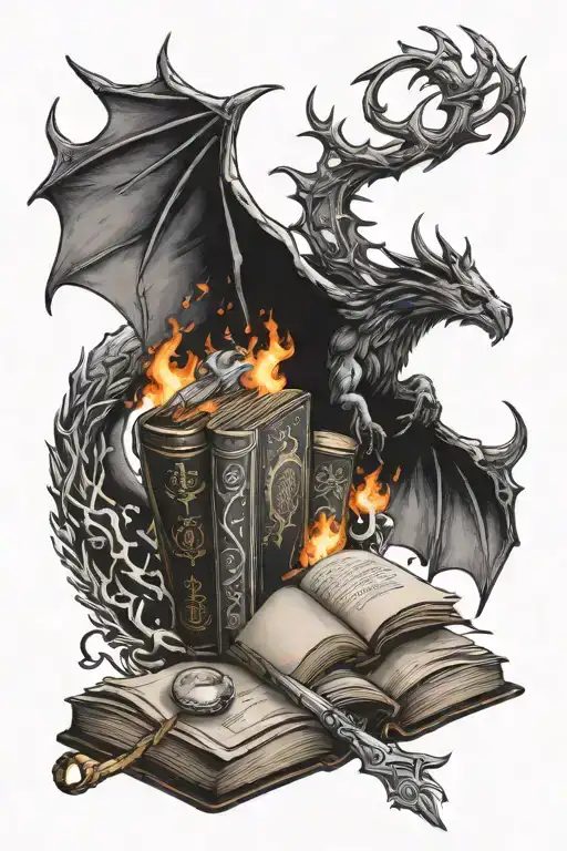 books, moons, swords, fire, crown, antlers, wyvern tattoo design idea