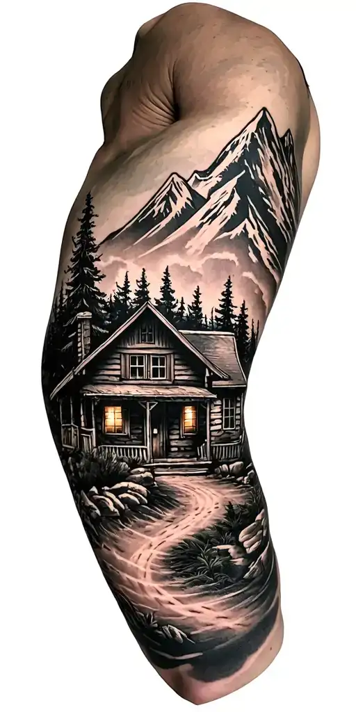 Mountain cabin and trail winding road leading its pack tattoo design idea