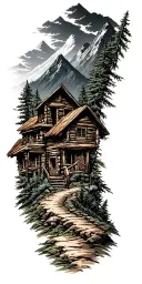 Mountain cabin and trail winding road leading its pack tattoo design idea
