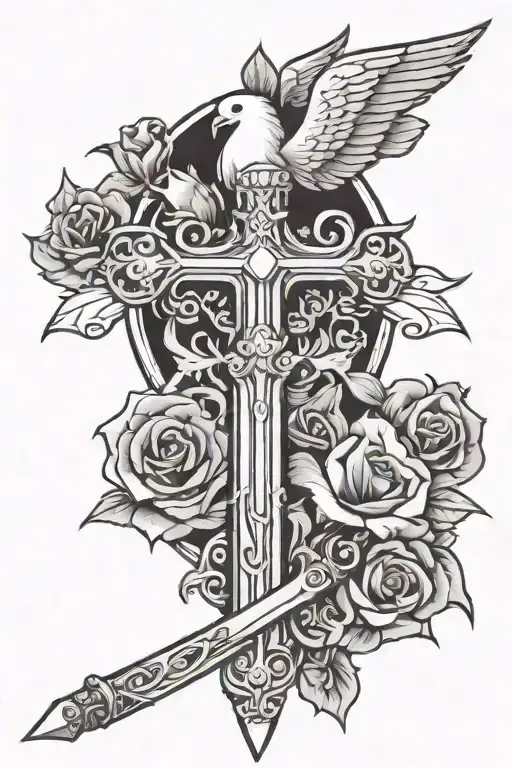 sword with a dove and cross spine tattoo tattoo design idea