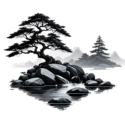 zen garden rocks stream and tree tattoo design idea