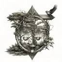 Libra zodiac sign forest scene with a hidden bird flying tattoo design idea