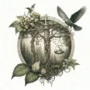 Libra zodiac sign forest scene with a hidden bird flying tattoo design idea