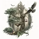 Libra zodiac sign forest scene with a hidden bird flying tattoo design idea
