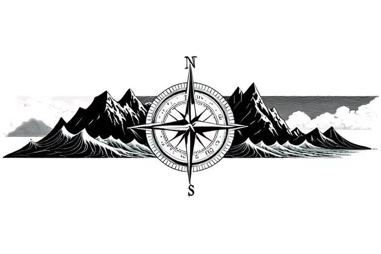 large compass with long north point surrounded by intricate geometric moutains and waves. black and white tattoo design idea