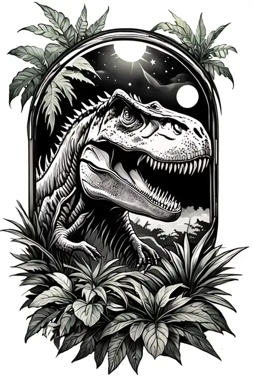 jurassic park style tattoo with some plants, a T-rex and the night sky encased in amber tattoo design idea