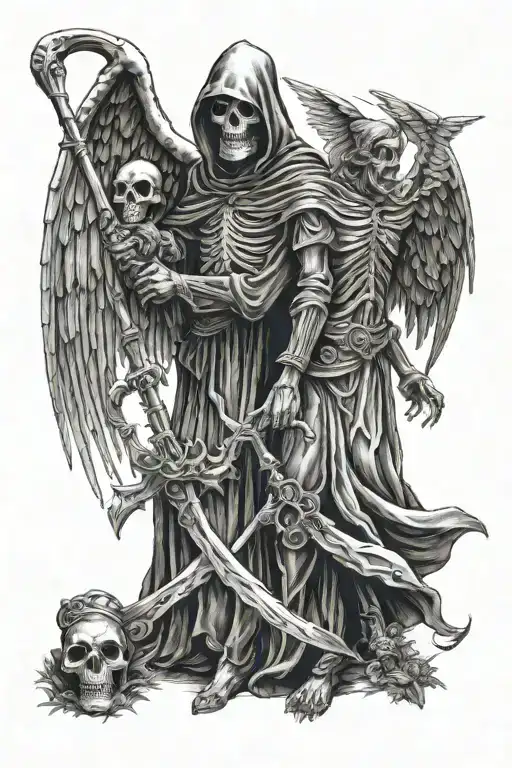 grim reaper and angel holding tattoo design idea