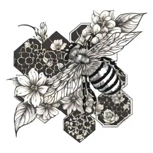 Realistic bee with vibrant flowers and honeycomb hexagon patterns in the background, rich in detail tattoo design idea