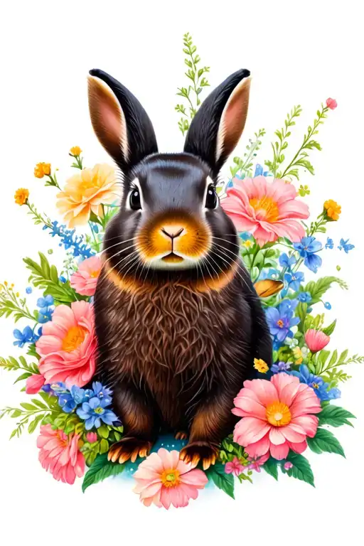 black otter netherland dwarf rabbit surrounded by flowers tattoo design idea