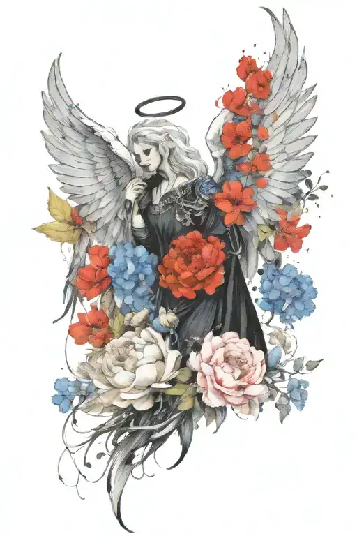 Angel wings surrounded by larkspur and peony flowers tattoo design idea