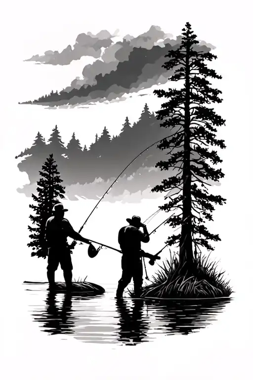 2 guys fishing on a lake tattoo design idea
