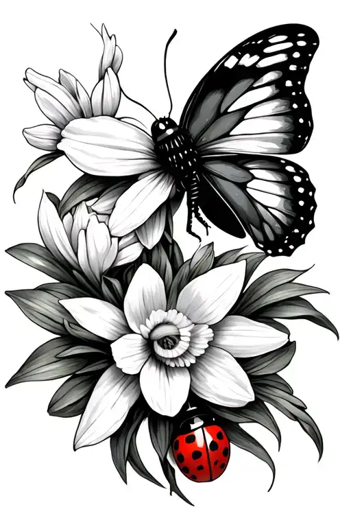 daffodils ladybug butterfly tattoo design idea