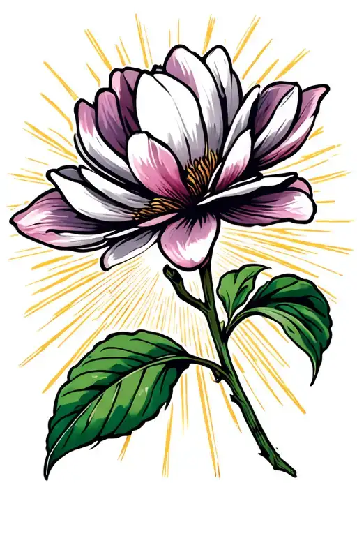 magnolia flower with stem and light rays behind it tattoo design idea