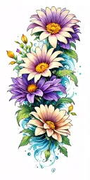 violet, daisy, lilys, chrysanthemum wrapped around waves tattoo design idea