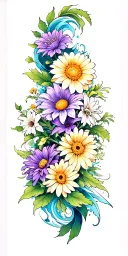 violet, daisy, lilys, chrysanthemum wrapped around waves tattoo design idea