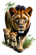 lioness walking in forest with 3 cubs  tattoo design idea
