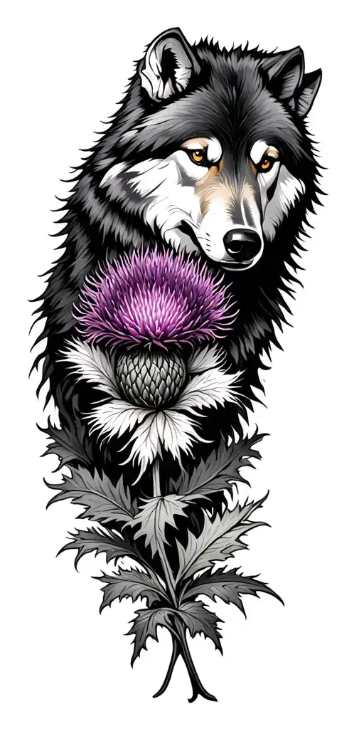 Scottish thistle intertwined and a wolf tattoo design idea