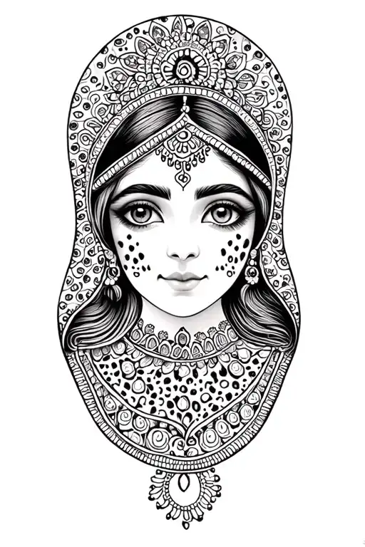 matrushka girl and mendhi artwork with bits of cheetah print design tattoo design idea