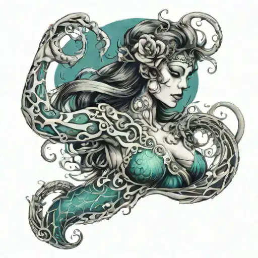 death siren full body teal Water color  tattoo design idea