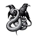 A sleeve tattoo featuring a double-headed snake intertwined with a crow, with a noose around their skulls tattoo design idea