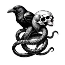 A sleeve tattoo featuring a double-headed snake intertwined with a crow, with a noose around their skulls tattoo design idea