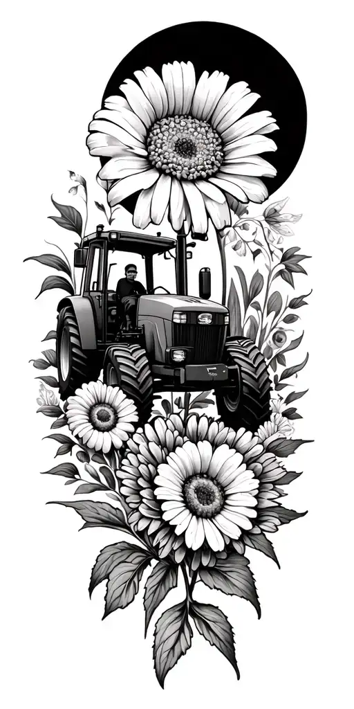 John Deere tractor driving marigold flower surrounded July 18th 2021 tattoo design idea