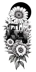 John Deere tractor driving marigold flower surrounded July 18th 2021 tattoo design idea