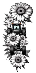John Deere tractor driving marigold flower surrounded July 18th 2021 tattoo design idea