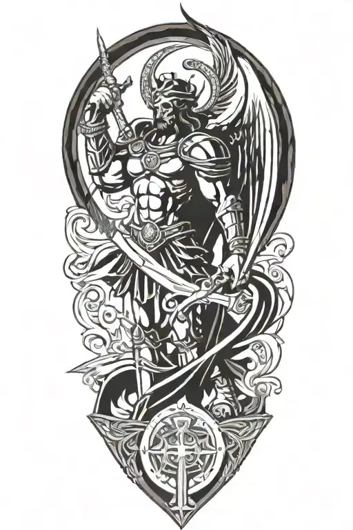 st Michael with halo holding a shield and a sword. the tip of the sword is going into the resting serpent at his feet tattoo design idea