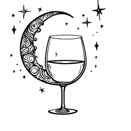 “Wine glass made of a crescent moon, shooting stars around it and a wine bottle tattoo design idea
