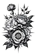 compass rose with peony flowers tattoo design idea