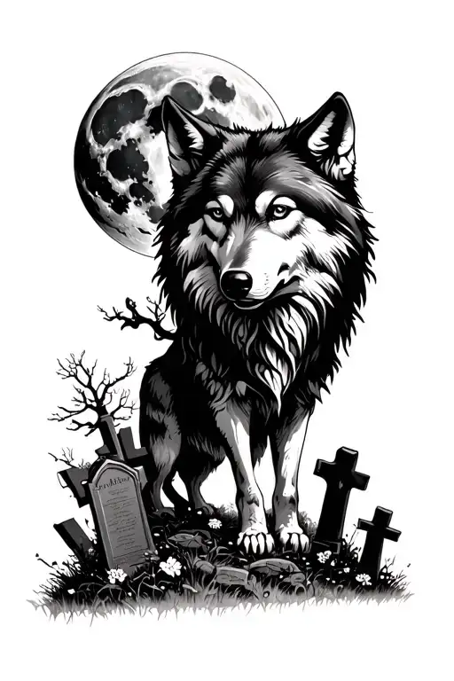 A cemetery in the dark. a full moon. Kahle trees, einen wolf im Hintergrund Zäune Stacheln Totenkopf tattoo design idea