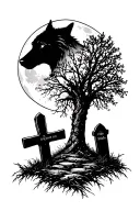 A cemetery in the dark. a full moon. Kahle trees, einen wolf im Hintergrund Zäune Stacheln Totenkopf tattoo design idea