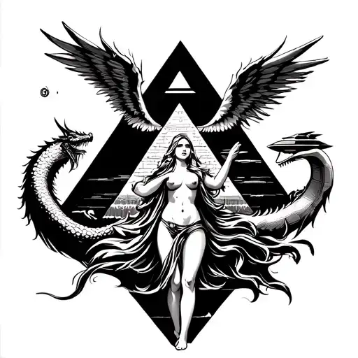 Tattoo with half -naked feminine angels, pyramid, dragon, Antarctica, tsunami, moses, cigar ufo, illuminati, heroglyphs, k.l.a.k. tattoo design idea
