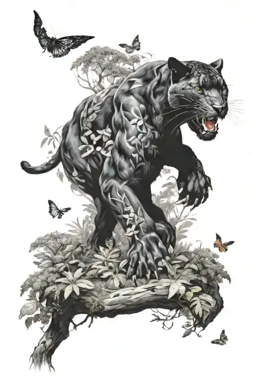 a black panther sitting down in middle of the forest and butterflies flying around him  tattoo design idea