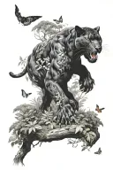 a black panther sitting down in middle of the forest and butterflies flying around him  tattoo design idea