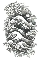 waves, clouds and flowers japanese style tattoo design idea