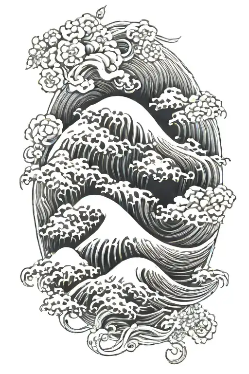 waves, clouds and flowers japanese style tattoo design idea