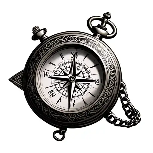 forearm tattoo of a Compass and a pocket watch w/ chain side by side, with an animal hidden in the details  tattoo design idea