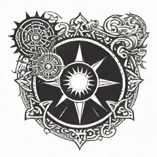 Filipino sun outline with earth, wind, fire, and water elements  tattoo design idea