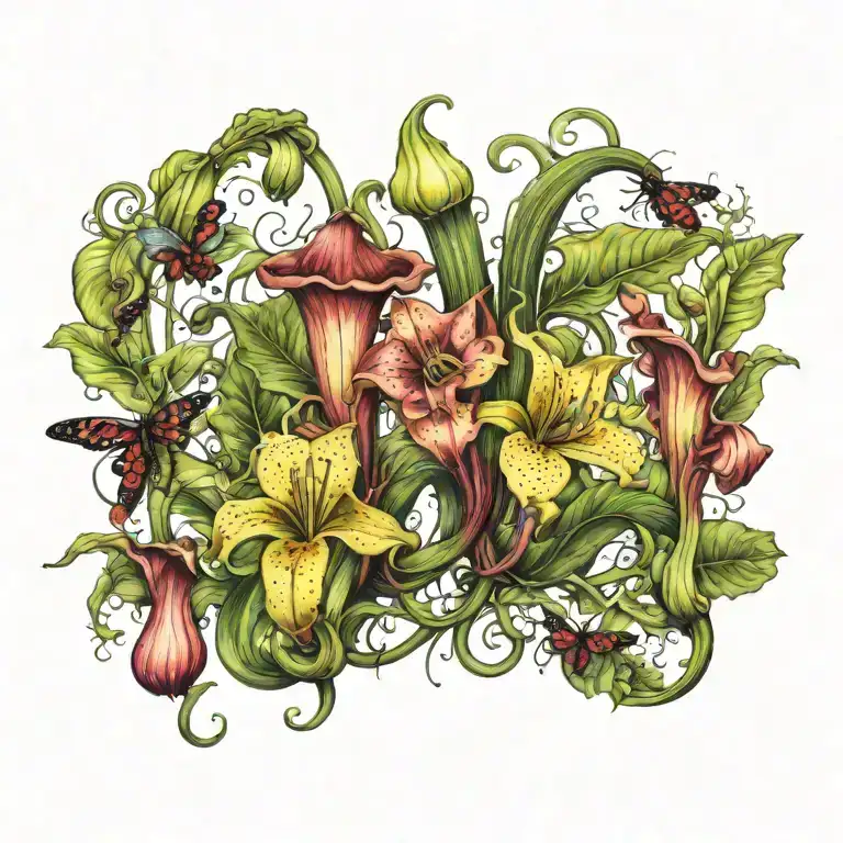 A unique tattoo design combining a collection of carnivorous plants like pitcher plants and sundews with a variety of exotic insects, creating a surreal and captivating scene tattoo design idea