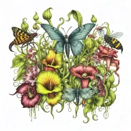 A unique tattoo design combining a collection of carnivorous plants like pitcher plants and sundews with a variety of exotic insects, creating a surreal and captivating scene tattoo design idea