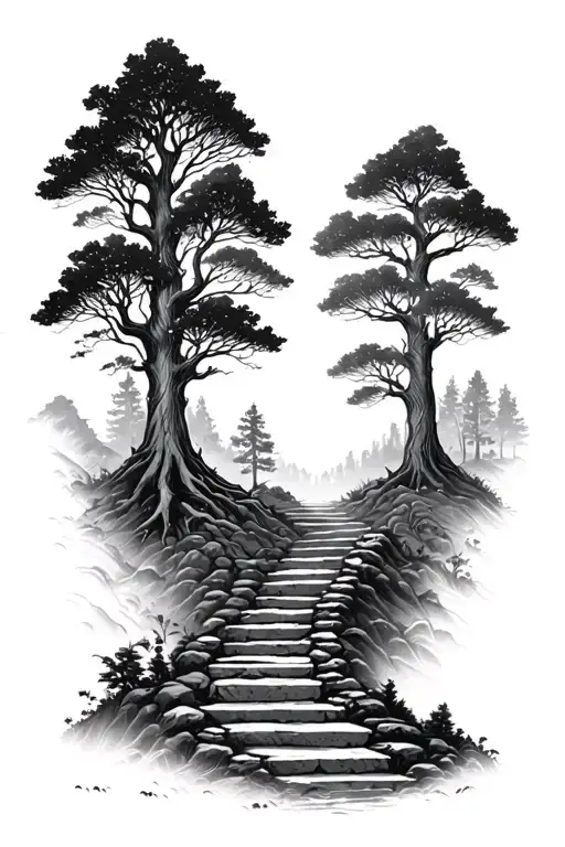 valley of death , big trees leading to steps  tattoo design idea