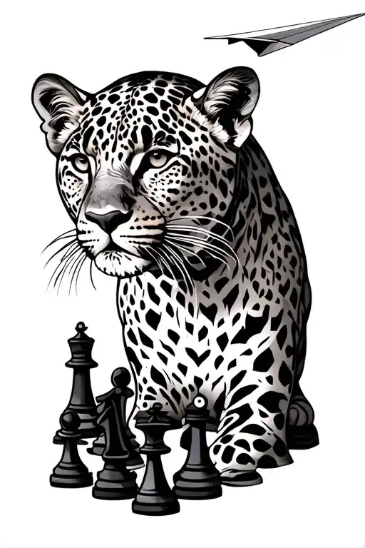 leopard with chess pieces (farmer that is a king) and a paper plane flying tattoo design idea
