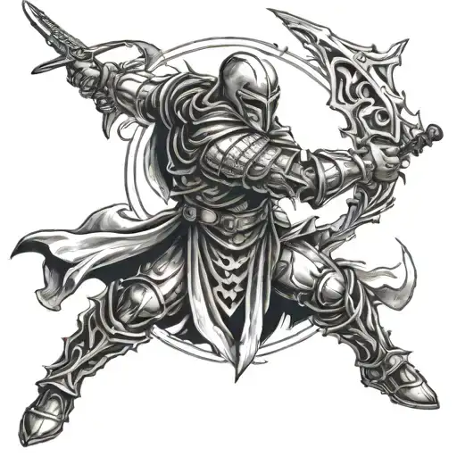 Create a berserk warrior wielding a flaming sword, embodying passion and intensity in battle tattoo design idea