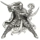 Create a berserk warrior wielding a flaming sword, embodying passion and intensity in battle tattoo design idea