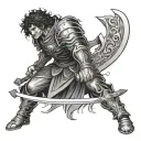 Create a berserk warrior wielding a flaming sword, embodying passion and intensity in battle tattoo design idea