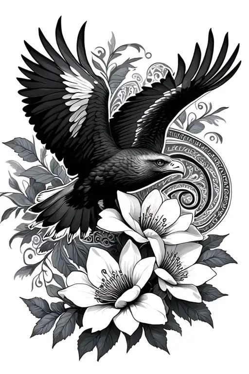 paisley print, magnolia flowers, eagle soaring tattoo design idea