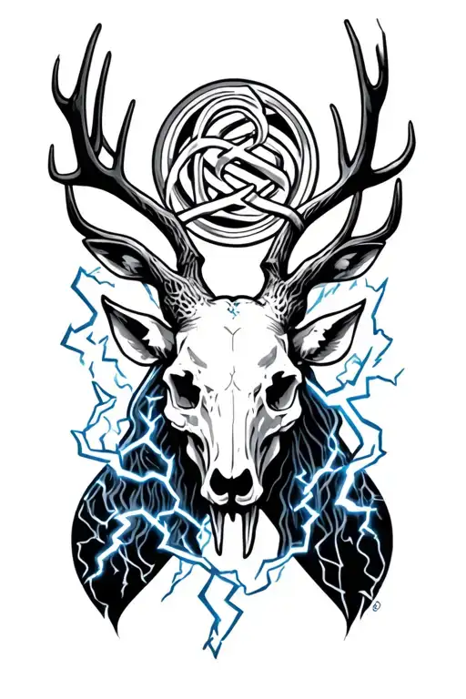 lightning with deer skull and Gemini sign intertwined sleeve tattoo design idea